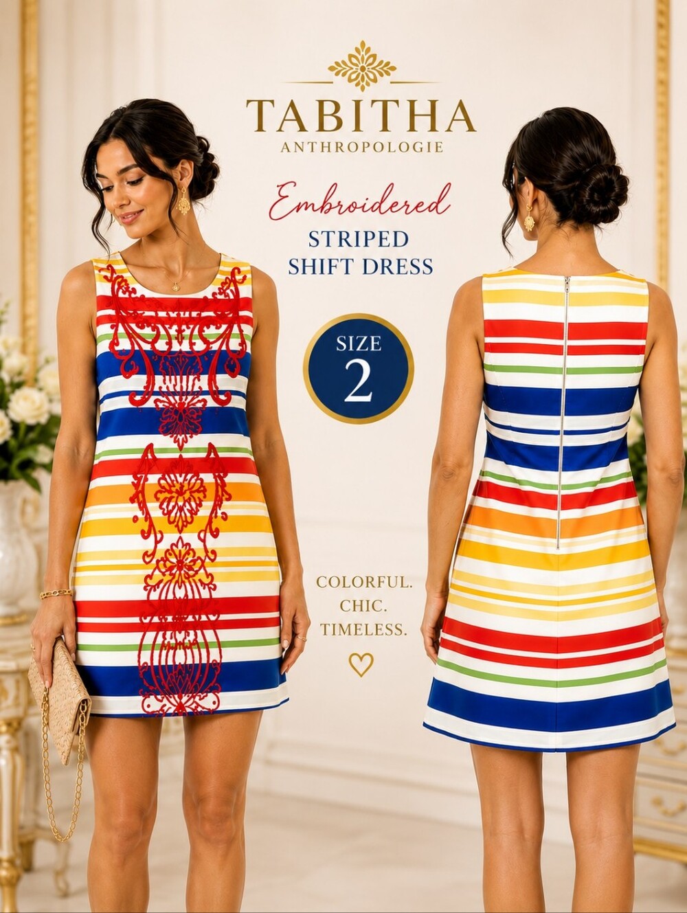 Tabitha Anthropologie Embroidered Striped Shift Dress Sz.2 Colorful Cotton Chic